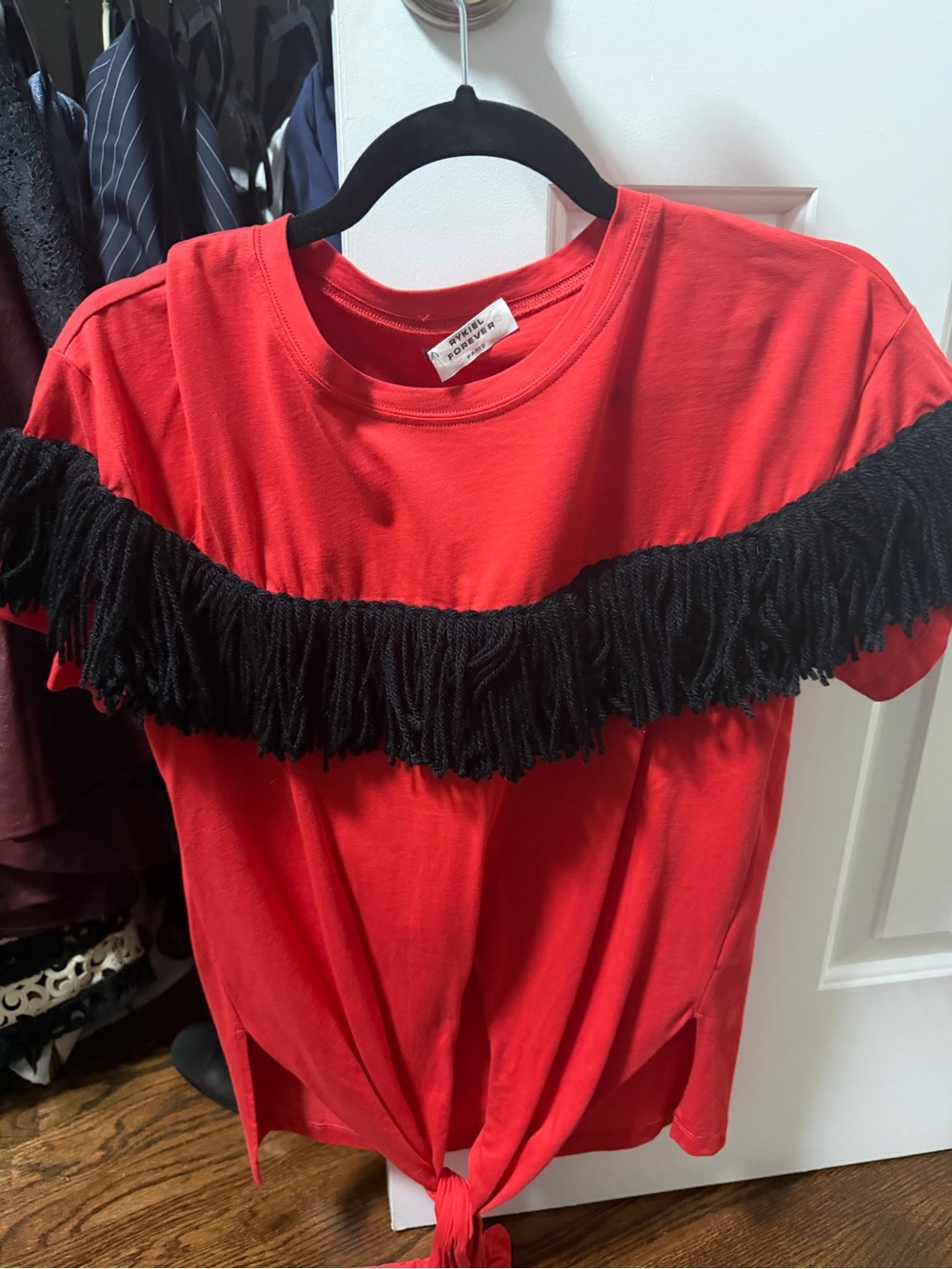 Sonia Rykiel Red Tee with Black Fringe and Front Tie
